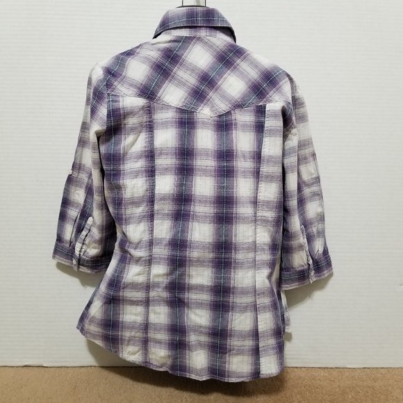 Mudd top Large plaid check button up 3/4 tab sleeve layering 100% cotton - Picture 3 of 14